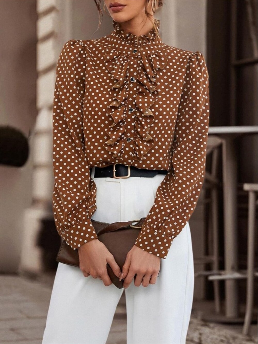 NWT Luxe Polka Dot Ruffle Trim Mock Neck Blouse Shirt Brown White Large